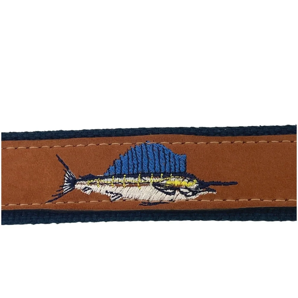 World Wide Sportsman Men Belt Leather Embroidered Sailfish 44 Brown Navy Boating